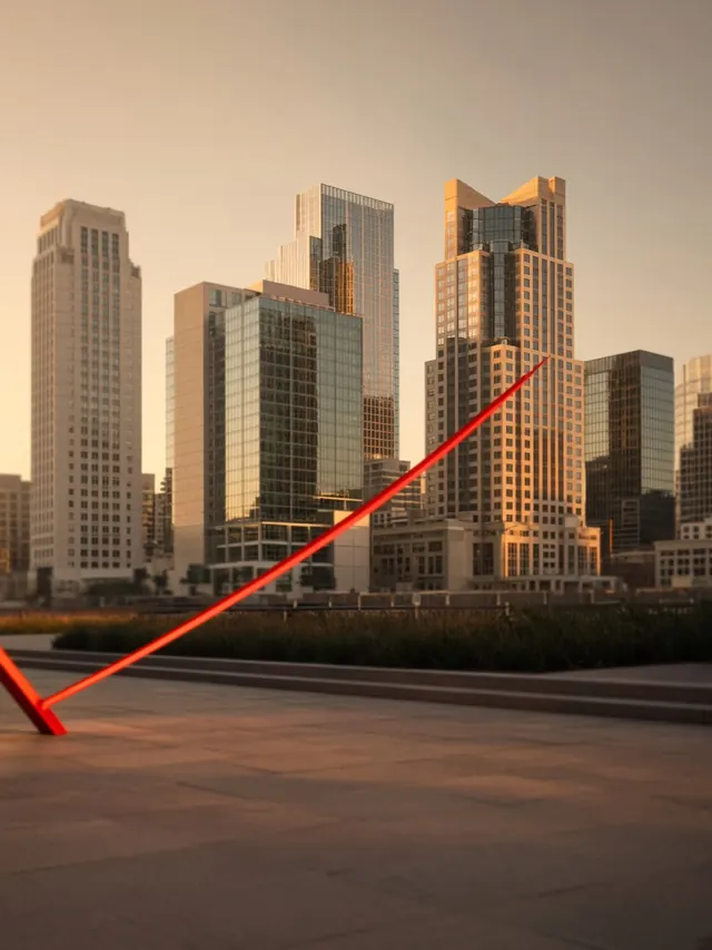 A downtown skyline at golden hour, with a red-orange sculpture line crossing the foreground